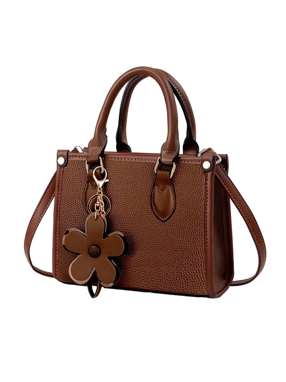 Brown Women's Structured Tote Bag with Flower Charm